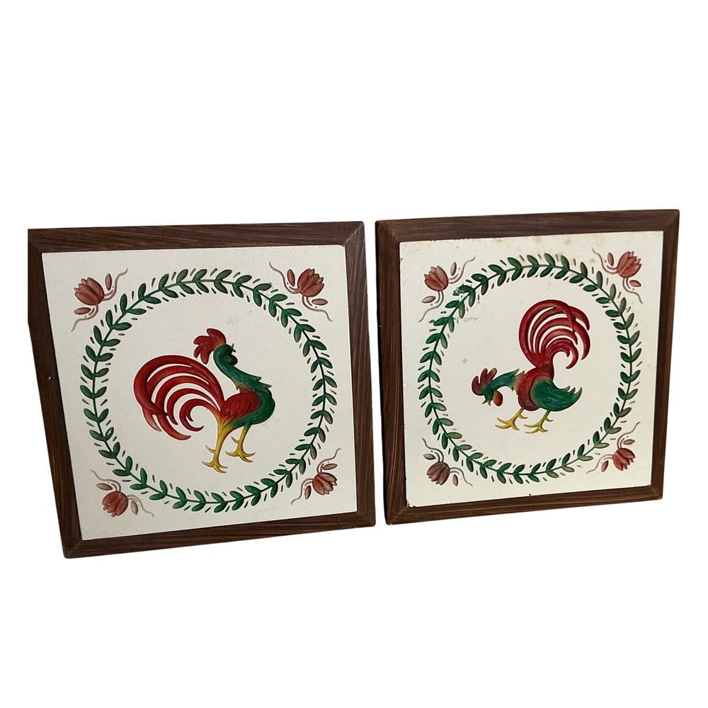 Vintage Rooster Wall Art Set Ceramic Tiles Framed Farmhouse Kitchen Decor